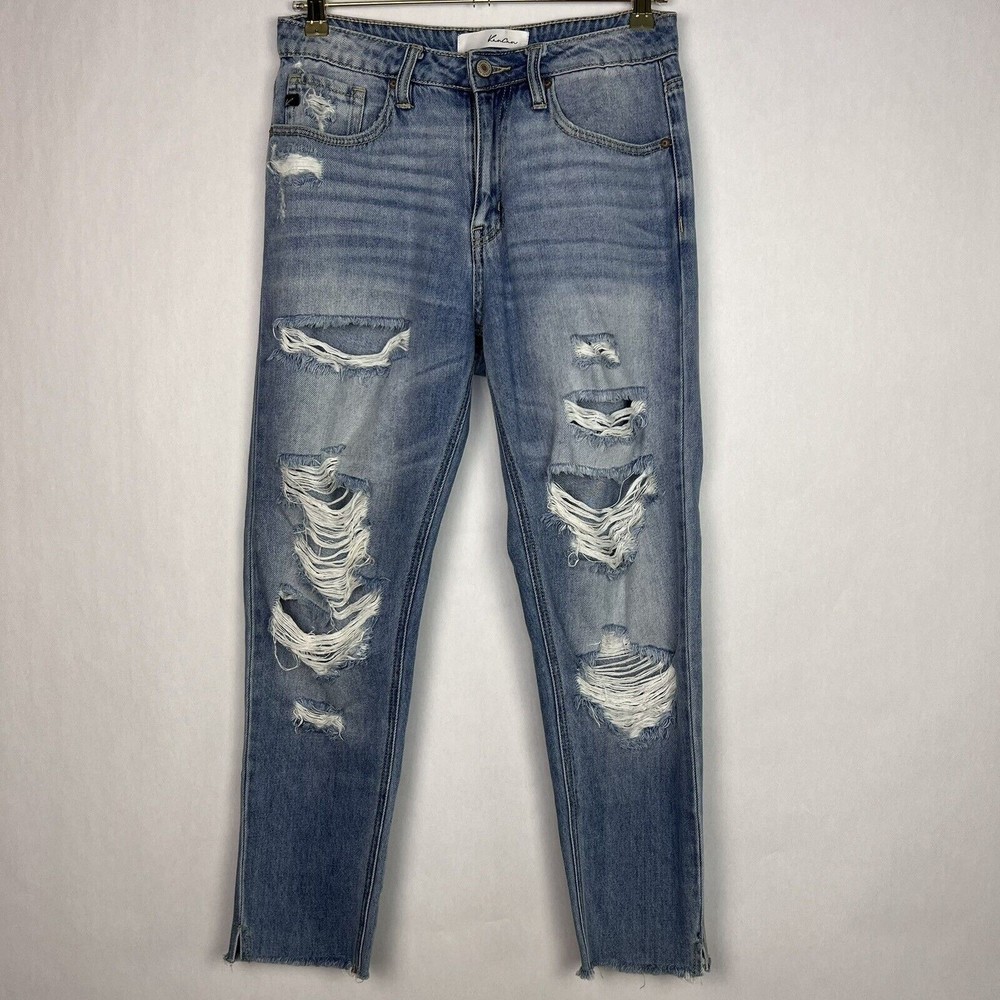 Kancan Jeans Womens 5/26 Light Wash Mid Rise Distressed Destroyed Tapered Denim